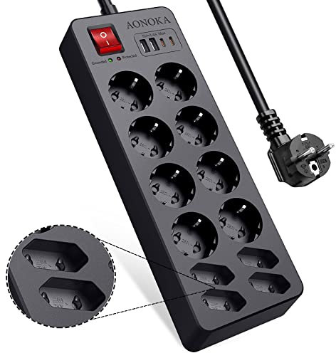 Ciabatta Multipresa USB C,Ciabatta Elettrica Protezione Sovratensione con Interruttori,12 Posti Presa Multipla Schuko,Universali Tedesca Spina,Power Strip da scrivania,Prolunga Elettrica 1,5m,Nero