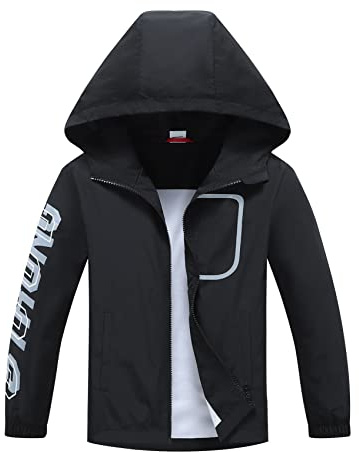 ALXHUTE Boys Girls Waterproof Jacket Lightweight Raincoat Black 9-10 Years