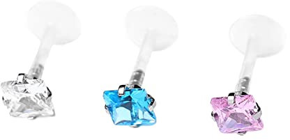 Lieson 3 Stück Nasenring Piercing Edelstahl 16G Nasenpiercing Nasenstecker Gerade Stab Mit Quadratisch Zirkonia 10MM Piercing Septum Knorpel Tragus Helix Ohrringe Weiß Blau Rosa