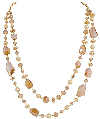 Bocar Collana a 2 Strati con Perline Lunghe in Acrilico e Cristallo, Stile Boemo Moda per Donna (NK-10640-Champagne)