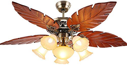 TEBUTI Ventilatore da soffitto in legno, 5 pale, 5 luci, in legno con foglia di palma, grande lampadario a soffitto silenzioso per interni, ventilatore da soffitto rustico a distanza, bronzo
