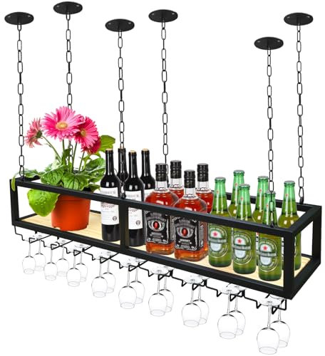 YTLEMON Soporte para Copa de Vino Colgante Industrial - Altura Ajustable Techo Botellero, Metal Negro Soporte de Copas Sostenedor para Bar Cafe Cocina estanterias almacenaje (180cm)