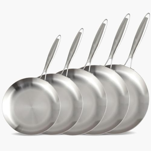 LOLYKITCH Juego de sartenes de acero inoxidable de tres capas de 8-9-10-11-12 pulgadas, sartenes, sartenes de chef, utensilios de cocina de inducción, apto para lavavajillas y horno, mango