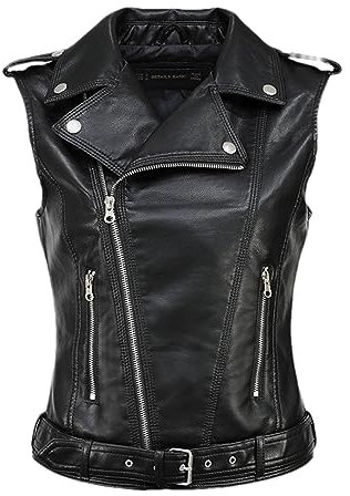 Hdhdeueh Damen Weste aus weichem Polyurethan, Schaffell, Revers, Motorradfahrer, ärmellos, Lederjacke, Schwarz , 38