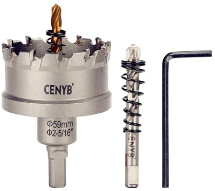 CENYB scie cloche metal 2-5/16 (59mm) à pointe en carbure de tungstène, avec 2 forets pilotes titanées - Idéale pour métaux durs, acier inoxydable, fer, alliage d'aluminium, bois et plastique