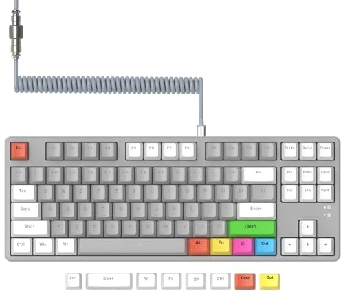 AJAZZ AK873-75 % kabelanslutet speltangentbord med spiral USB-C-kabel, hot swappable, röd strömbrytare, mekaniskt tangentbord, RGB TKL, 80 % QWERTY 87 tangenter, färg PBT-tangenter, avtagbar magnetisk