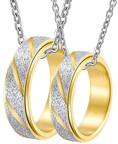 Gualiy Halskette für Paare, Edelstahl Kette mit Anhänger Gravur Gold Drehring matt 6mm Halskette Damen 57 + Herren 65