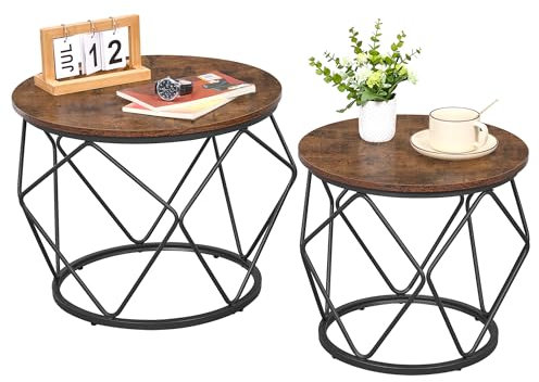 Hzuaneri Couchtisch rund, 2er Set Beistelltische, Beistelltisch-Set mit Metallrahmen, Kleiner Beistelltisch für Wohnzimmer, Schlafzimmer, Büro, rustikales Braun und Schwarz CT18701B
