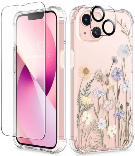GVIEWIN Compatible with iPhone 13 Case 6.1 Inch 2021,with Tempered Glass Screen Protector+Camera Lens Protector, Flower Clear TPU Slim Bumper Shockproof Protective Soft Phone Cover,Vibrant Spring