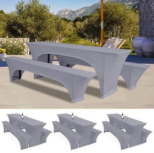 Lumaycens DREI 3er-Set Biertischhussen 220 x 50 x 70 cm, hussen bierzeltgarnitur, hellgrau, Stretch-Bezüge für Biertisch-und Bankgarnituren, Bierbankhussen, Spandex-Bierzeltgarnitur für Bankett