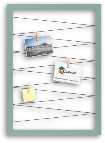Clamaro Cornice Portafoto Collage Flex, 65 x 85 cm, Verde Salvia, per Foto | Cornice in MDF Interamente Rivestita, Cordino Elastico Teso, Mollette Portafoto in Legno Vero, Gancio da Parete, Cartoline