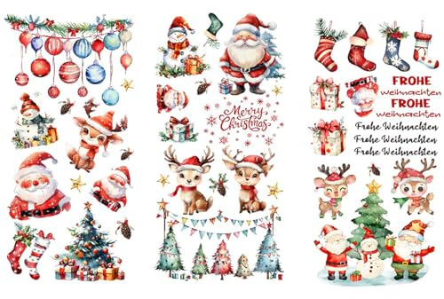 PLIGREAT Weihnachten reiben auf Transfers für Kunsthandwerk, 3 Blätter Vintage Aquarell Sata Claus Elch Schneemann Transfer Aufkleber Winter Weihnachtsbaum Möbel Aufkleber für Zuhause Holz Dekor