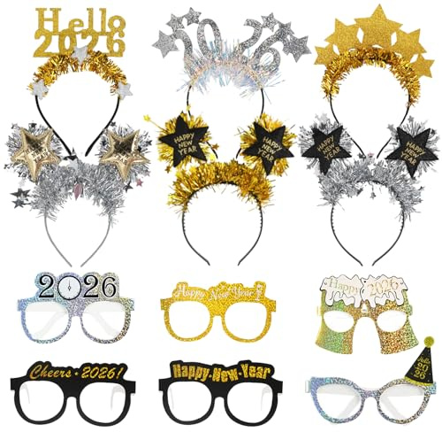 4 Stück Happy New Year Haarreifen, 2025 Haarreif Silvester, Neujahr Party Stirnband, Glitzer Stern Silber Gold Silvester Haarband Zubehör, Happy New Year Haarschmuck für Erwachsene und Kinder