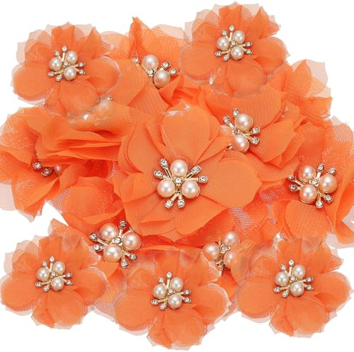 PATIKIL 2,36 Zoll Strass Perlen Chiffon Blume, 15 Stück Nähen Stoff Applikationen für DIY Handwerk Kleidung Stirnbänder Hochzeit Party Dekoration, Orange