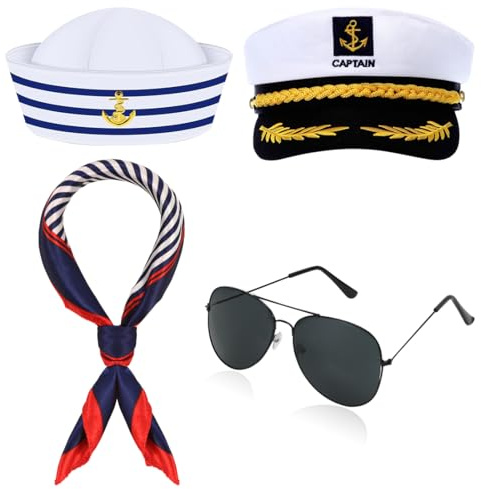 Cadimus 4 Pezzi Accessori da Costume da Capitano Marinaio, Cappello da Capitano, Cappello da Marinaio, Occhiali da Sole, Sciarpa da Marinaio, per Festa a Tema Nautico e Cosplay di Carnevale Halloween