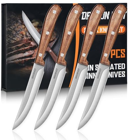 DRAGON RIOT Set De Couteau A Steak 4 Pièces, Couteaux À Steak Avec Manche En Bois, Set De Couteaux De Table Avec Coffret Cadeau