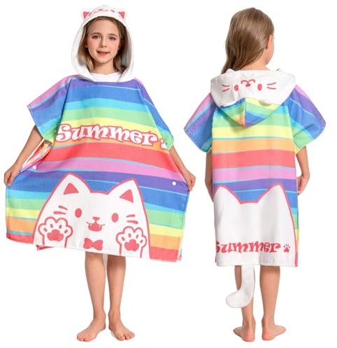 OLAOLA Poncho de Baño con Capucha para Niños, Toalla de Playa Microfibra Suave Toallas de Baño Absorbentes, Poncho de Natación para Niños y Niñas de 3 a 12 Años, Gato Arcoíris