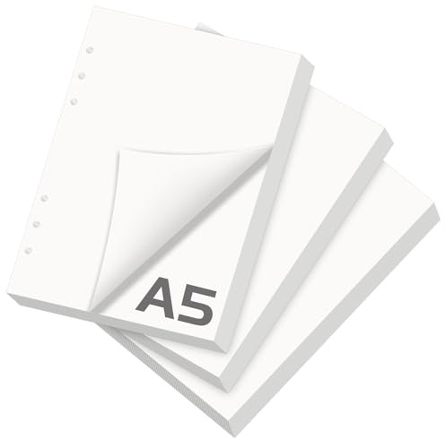3 Packungen A5 Nachfüllpapier Blanko, Nachfüllbar Notizpapier 180 Blätter 6 Löcher A5 Papier Nachfüllbare Refill Ringbucheinlagen für A5 Notizbuch, Tagbuch, Skizze, Malerei