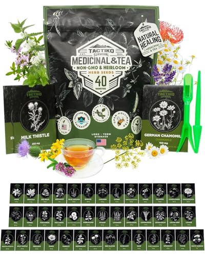 Tactiko Survival 40 Medicinal & Tea Herb Seeds Variety Pack, Indoor & Outdoor Herbal Garden Kit, USA Grown Heirloom Non-GMO, Herbal Seeds for Teas, Resealable Mylar Bag for Long-Term Storage