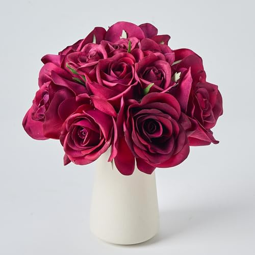 Avoeco 12-teiliger künstlicher Rosenstrauß in Keramikvase, künstliche Blumen in Vase, künstliche Blumen für Zuhause, Hochzeit, Brautstrauß, Party & Esstisch, Tafelaufsatz Dekor (Burgund)