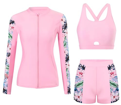Ausing - Set di Rashguard per Donne, Rashguard da Wakeboard, Set Costume da Surf da Spiaggia, Costume con Tankini + Shorts S-XXL, Rosa, S