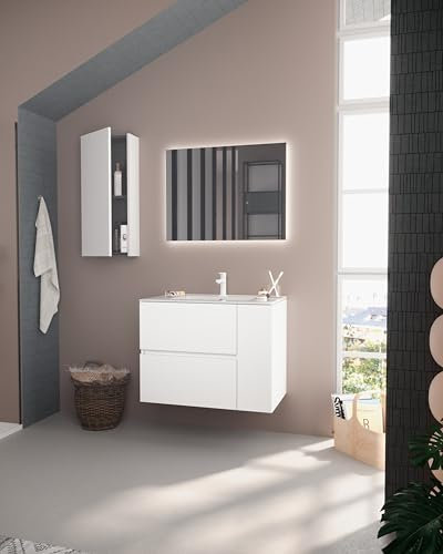 Galyon TORVISCO - Mobili da bagno + lavabo in ceramica - Alier pensile con 2 cassetti e 1 anta, finitura bianca lucida, 80-120 cm, facile installazione (bianco lucido, 90 cm)