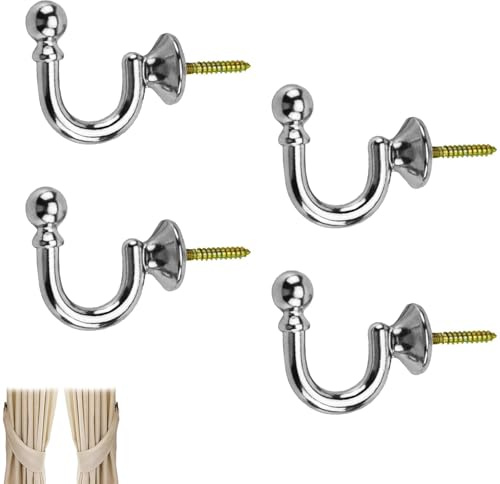 4 Pack Chrome Curtain Tie Backs Hooks, Durable Aluminum Alloy Metal Drapery Curtain Tie Backs Hooks, Decorative Window Accessories with Easy Installation