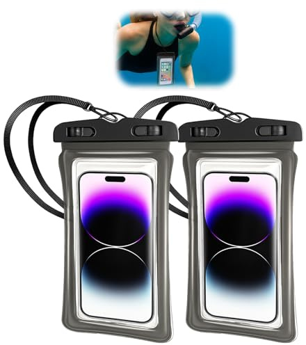 DmDoyy Funda Impermeable Móvil - [2 Unidades], IPX8 Funda Movil Agua Sumergible con Cuerda Ajustable, Móviles hasta 7 -Negro