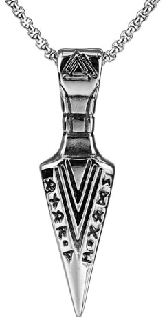 AB Viking Crafts Wikinger Edelstahl Anhänger (5,5 x 1,5 cm silber) Pfeilspitze mit Runensymbolik mit 60 cm Edelstahlkette im Schmuckbeutel | Schutz Stärke Zielstrebigkeit (silber)