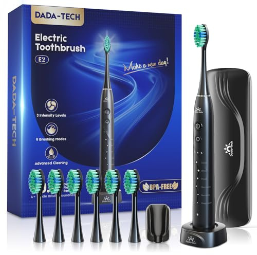 Spazzolino elettrico per adulti e bambini ricaricabile, sonico, con custodia per viaggio, supporto e 7 teste di spazzolino, 6 modalità e 3 intensità, timer da 2 minuti (nero)