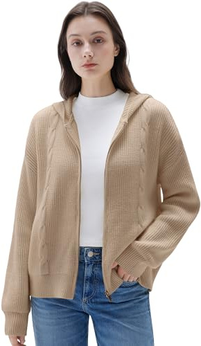 SUUKSESS Women Chunky Knit Cashmere Blend Sweaters Zip up Oversized Hoodies Cardigan with Pockets Long Sleeve Fall Jackets Outerwear (Khaki, M)