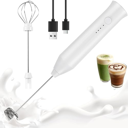 XSBAIHUO Milk Frother Handheld Rechargeable, Frother Wand Drink Mixer Electric Whisk for Coffee, Detachable With 2 Stainless Whisks, Hand Mixer for Lattes, Matcha, Egg(White)
