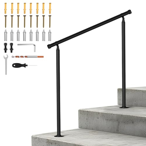 LIANTRAL Outdoor Handläufe für Stufen, 2-3 Stufen Treppengeländer Kit, Schwarz Rundrohr Doppelpfosten Handlauf, Terrasse Veranda Garten Handläufe Sicherheit Handstütze Geländer für Senioren, Beton