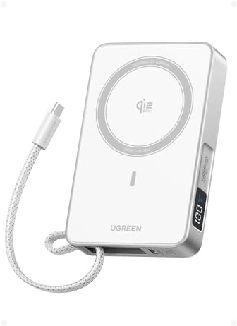 UGREEN MagFlow 10000mAh Qi2 25W MagSafe Power Bank Built-in Cable (White) | PD 30W, Wireless Fast Charging, Magnetic Portable Charger, Battery Pack Compatible with iPhone Air/17-12 Series