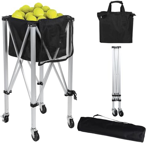 Anvazise Tennis Ball Hopper-Pickleball Hopper Holds 160 Balls, Foldable Tennis Ball Basket with Wheels &Removable Bag Side Pockets,Pickleball Caddy Cart for Baseball/Softball