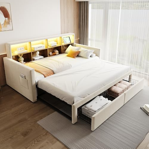 Kebnor Cama tapizada extensible, sofá cama 90/180 x 190 cm, cabecero con compartimentos de almacenamiento integrados, barra de luz LED y enchufes de carga, con dos cajones y somier, tela de terciopelo