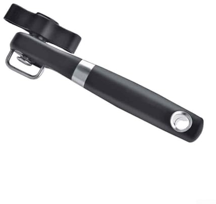 Opatiny Abrelatas manual con borde suave y seguro, abrelatas de cocina de acero inoxidable para el hogar, camping, viajes, compatible con latas redondas y ovaladas, color negro