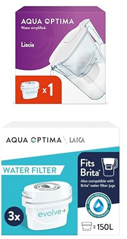 Aqua Optima Liscia Water Filter Jug & 7 Evolve+ Filter Cartridges 2.5L White - Fridge & Dishwasher Friendly, Easy Fill - Reduces Limescale, Chlorine & Other Impurities - By LAICA (Packaging May Vary)