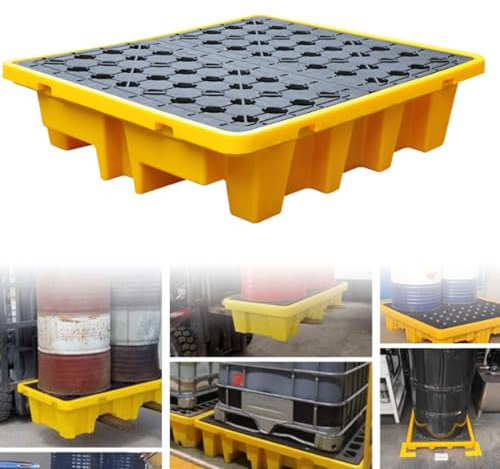 Piattaforma di contenimento delle fuoriuscite in polietilene ad alta capacità con design modulare a griglia per uso industriale Include tasche per carrello elevatore per una facile mobilità e