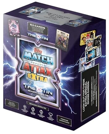 Topps UCC Match Attax Extra 2026 – X Tin – innehåller 64 kort plus ett X Greats LE-kort och ett bonus Electrix LE-kort.
