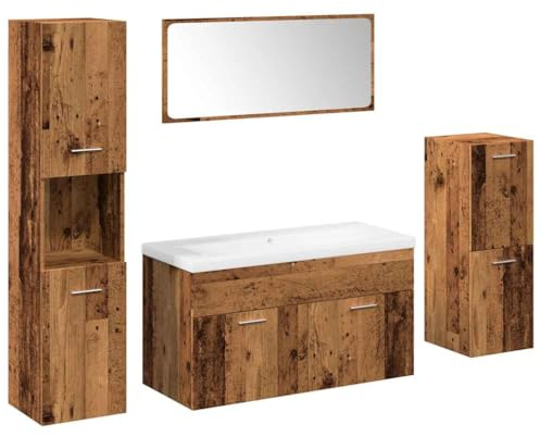 HFXHIJXQ Badmöbel Set mit Waschbecken und Spiegel 90 x 38,5 x 46 cm Altholz-Optik Holzwerkstoff Keramikwaschbecken Doppelwaschtisch Modernes Design für kleine Badezimmer Gäste-WC