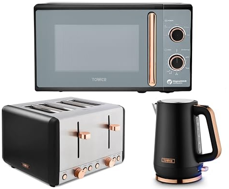 Tower Cavaletto Black 3 Piece Kitchen Appliance Set – 1.7L 3KW Kettle, 4 Slice Toaster & 20L 800W Microwave – Rose Gold Accents, Contemporary Matching Kitchen Set