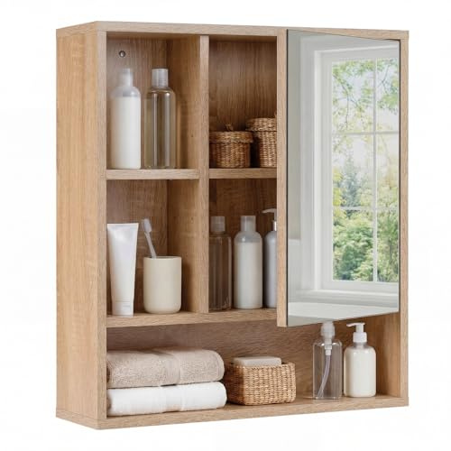 COSTWAY Bathroom Mirror Cabinet, Wall Mounted Storage Cupboard with Single Door and 3 Open Shelves, Wooden Bathroom Unit Wall Medicine Cabinet for Living Room, Kitchen, Hallway (Natural, 55x16x61cm)