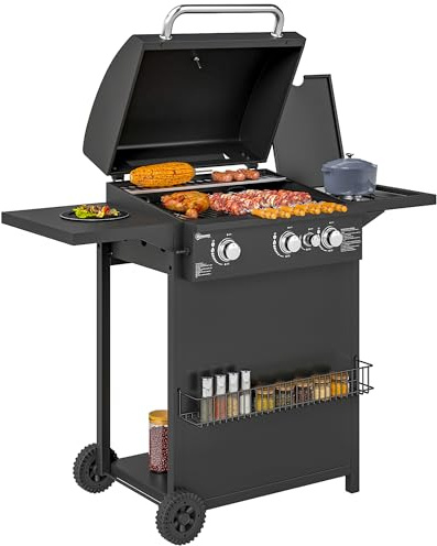 Outsunny Barbacoa Gas 3+1 Quemadores Acero 9,5 kW 2 Ruedas Tapa Negro