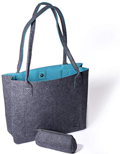 FilzGut Filz Einkaufstasche Damen Shopper 15L – Große Filztasche mit Innentaschen – Handtasche/Schultertasche aus Recycling Filz – Dunkelgrau & Petrol