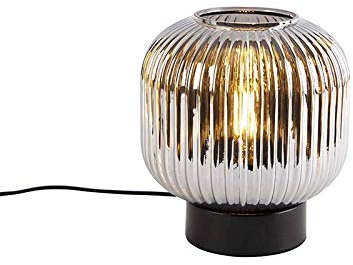 Qazqa Art Deco Tischleuchte mit Glas, Tischlampe - Karel - Schwarz mit Rauchglas, Rund, max. 25W, Geeignet für LED, 22cm, Ideal als Wohnzimmerlampe und Schlafzimmerlampe