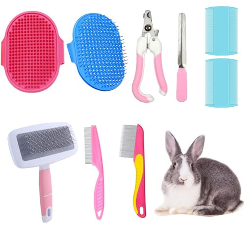 WoYous Kaninchen-Pflegebürste, kleines Haustier-Haarbürsten-Set, Kaninchenbürste, Massagebürste, Häschen-Nagelknipser, kleines Haustier-Pflegebürsten-Set für Katzen, Welpen, Kaninchen, Hamster, Rosa