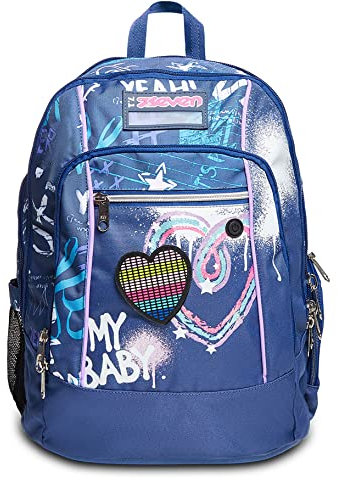 Zaino Scuola Seven Advanced - Rock on Girl Ragazza - Azzurro - Doppio scomparto con LED - Tasca porta borraccia