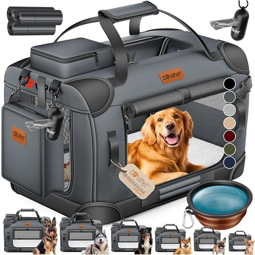 Lovpet® Boîte de transport pliable pour chien avec gamelle, M, 60 x 42 x 42 cm - Sac de transport pour animaux de compagnie, chiens et chats - Avec sacs à déjections canines - Anthracite