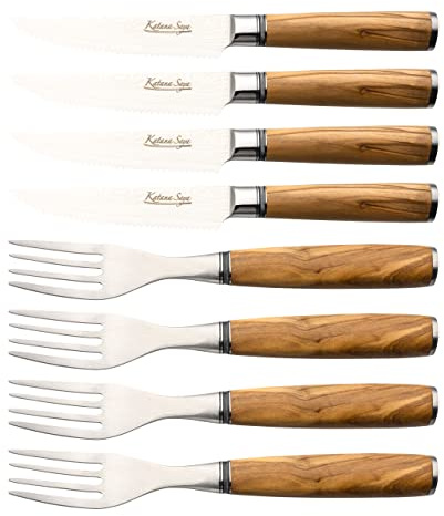 Katana Saya 8-teiliges Steakmesser- und Gabel-Set, VG-10 Damaszenerstahl, Griff aus Olivenholz
